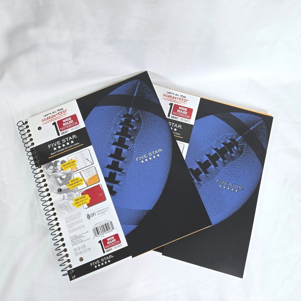 Mead Five Star Football 1 Subject Wide Ruled 2Pack 100 Sheet Spiral Notebook NEW